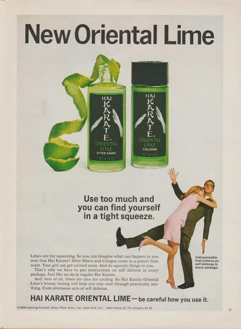 1968 Hai Karate Men's Cologne - Pink Dress Long Legs Girl Attacks Guy - Print Ad