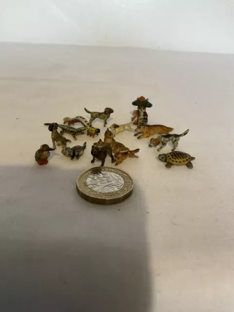 Antike Kalt Bemalte Bronze Gruppe Miniatur Kleine Tiere X 14