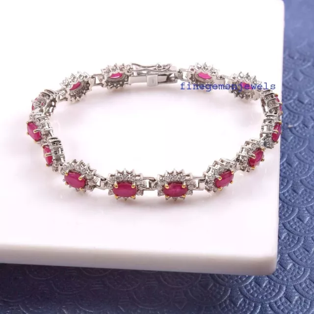 Naturel Rubis & Zircone Pierres Précieuses Avec 925 Argent Sterling Bracelet