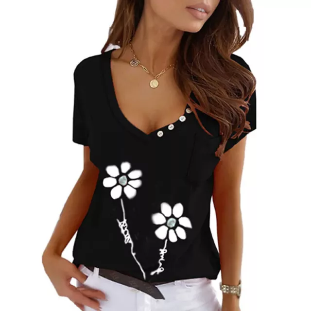 Ladies T Shirt V Neck Summer Tops Women Floral Print Holiday Bohemian Boho Tee