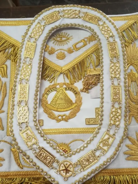 Masonic Grand Master Apron Chain Collar  White Velvet Gold Handmade Work