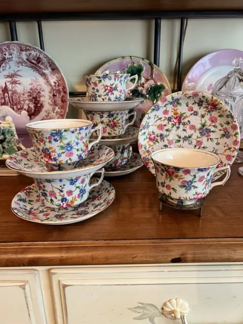 6 Vintage Royal Winton Grimwades Old Cottage Chintz Tea Cups Saucers 1930-1960