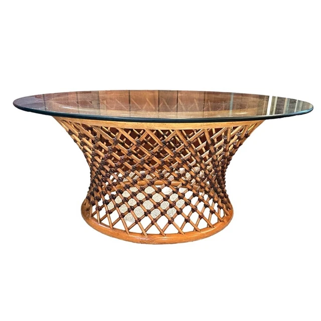 Vtg  Boho Mid Century Rattan Bentwood Basket Weave Coffee Table