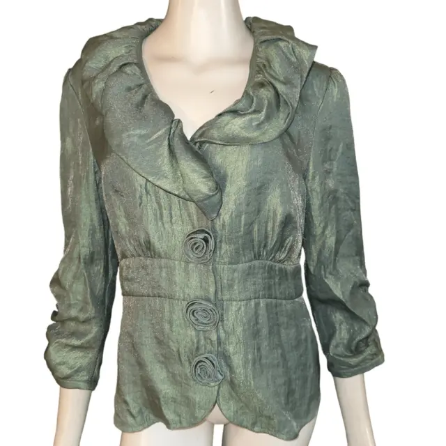 Samuel Dong Jacket Green Iridescent Rosette Ruffle Collar  Blouse