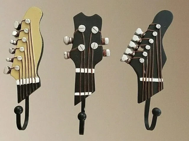 3 Guitar Shaped Wall Hooks Set Guitar Hat or Coat Hanger  Guitarists Home Deco