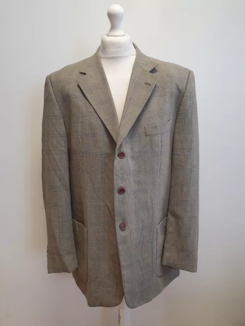 UU654 MENS JAEGER Brown Blue Check Wool Collared Suit Blazer