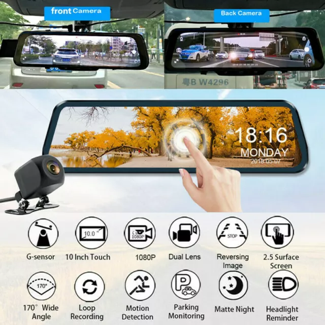 Car Rear View Mirror Touch Screen DVR Parking Monitor Camera Driving Recorder