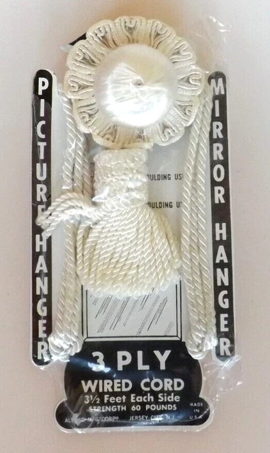 Vtg NOS 3 Ply Wired Cord Picture Mirror Hanger Ivory Tassel New Old Stock NIP