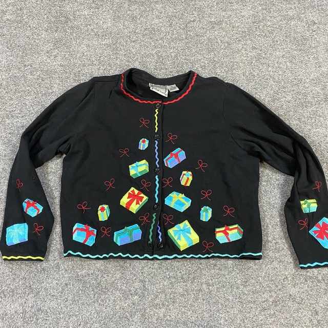 Michael Simon Cardigan Sweater M Black Embroidered Ugly Christmas Gifts