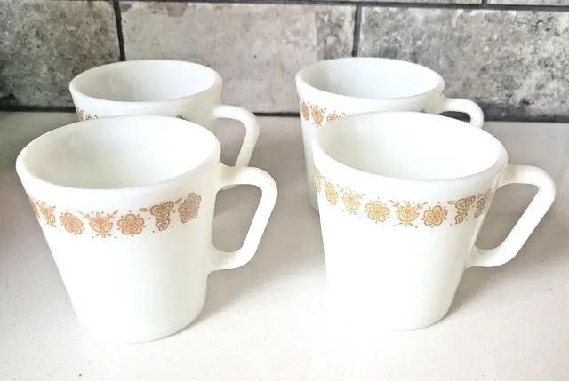 Pyrex Set of 4 Butterfly Gold D Handle Coffee Tea Glass Mug Cups White Gold