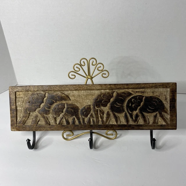 Wooden African Elephants hand carved Plaque with Wrought Iron hat coat Hooks 15"