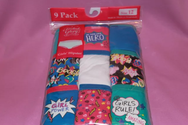 Girl's Faded Glory 9 Pack Hipster Panties-Assorted-Girl Power-Size 10 or 12 NIP Girl's Faded Glory 9 Pack Hipster Panties-Assorted-Girl Power-Size 10 or 12 NIP