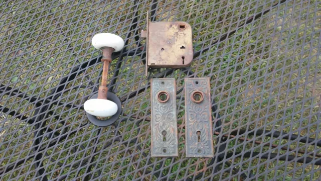 Vintage Porcelain Door Knobs, Lock, Lock Plates Set