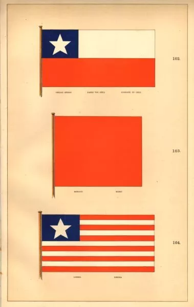 FLAGS.  Chilian Ensign; Morocco, Maroc; Liberia. HOUNSELL 1873 old print