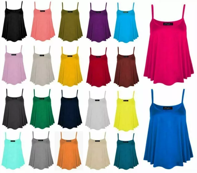 Womens Plain Swing Vest Sleeveless Top Strappy Cami Ladies Flared Uk 8-26