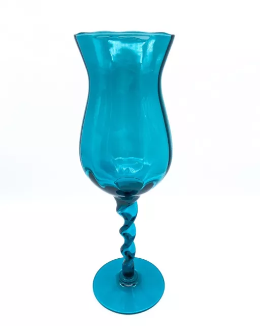 Vintage Mid Century Teal Blue Art Glass Spiral Stem Goblet Vase 32cm/12.4"