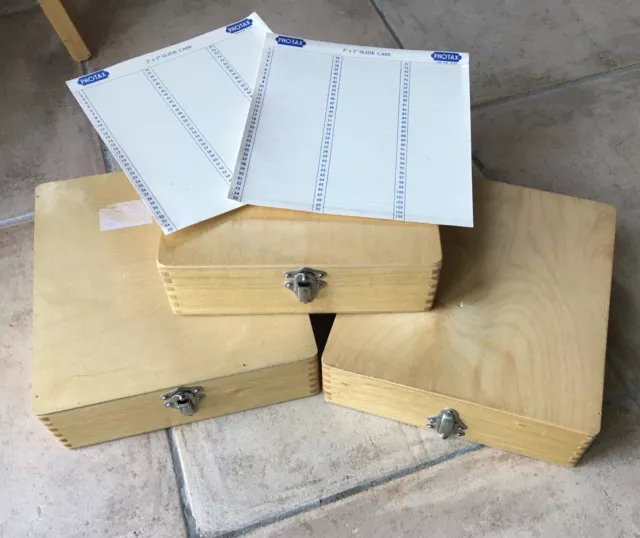 3x Photax Wooden Slide Storage Box Boxes 105 Capacity In Each. + Index Cards