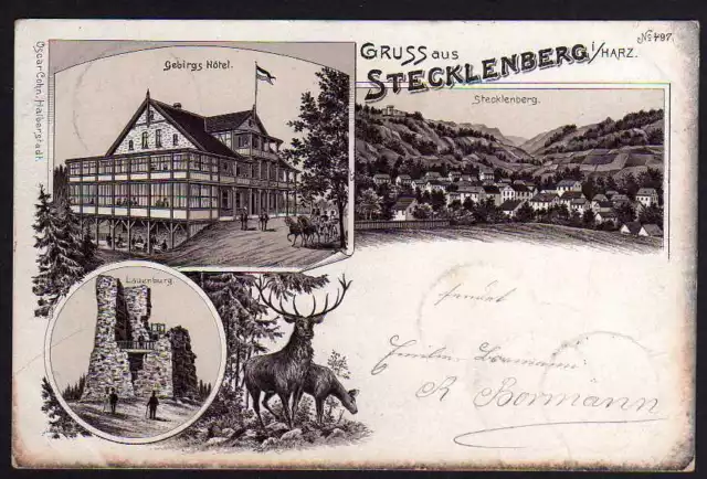 62332 AK Stecklenberg Litho Gebirgs Hotel Lauenburg 1898 Hirsch Ruine