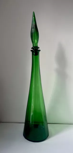 Rare Vintage Mid Century Empoli Art Glass Green Genie Bottle w. Stopper 23”Tall
