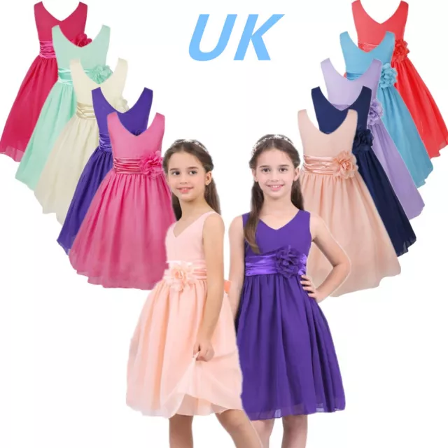 UK Flower Girls Dress Chiffon Formal Dress Wedding Bridesmaid Party Ball Gown