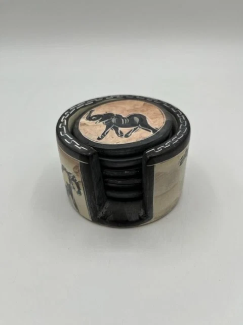 6 African Kenya Safari Wildlife Animals Soapstone Coasters & Holder Hand Carved
