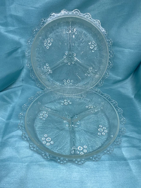 Pair of Masserini Glass Barocco Italian bubble lace scalloped 3 part relish dish