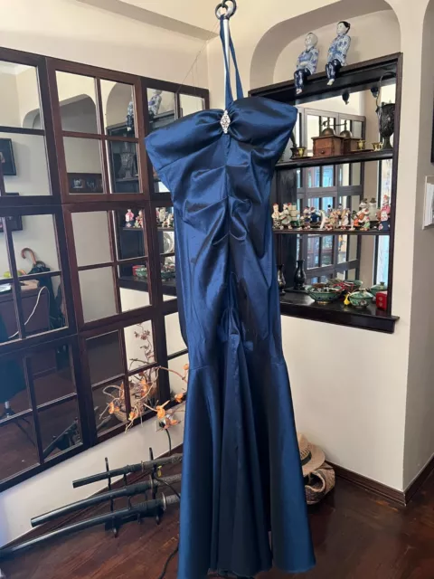 Xscape Mermaid Gown Ruched Metallic Blue Taffeta Floor Length Stretch Size 14 3