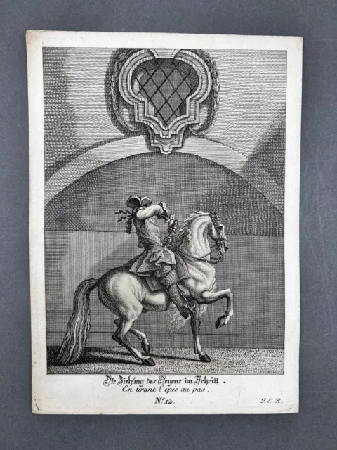 Die Ziehung des Degens im Schritt. Kupferstich von J. E. Ridinger, 1760.