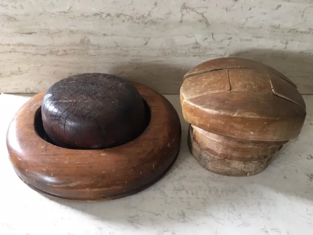 2 Antique Wood Block Hat Millinery Forms Mold Puzzle Fashion Art Wear Industrial