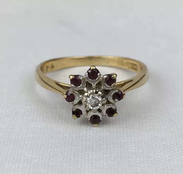 Vintage 18ct Yellow Gold Ruby & Diamond Cluster Dress Ring Size L 1/2 - M 2.5g