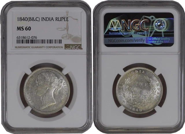 EIC Victoria Queen 1840 AD (B&C) DL 28 Berry Silver Rupee NGC Graded MS 60
