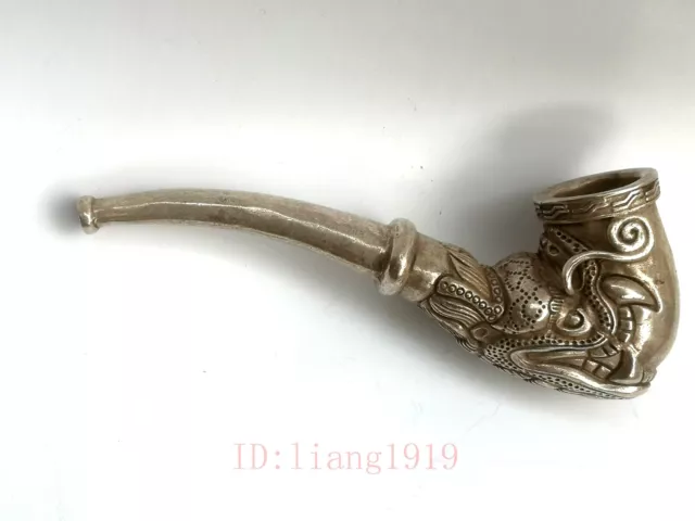 Collection Chinese Tibet Silver Carving Dragon Head Tobacco Pipe Wonderful Gift