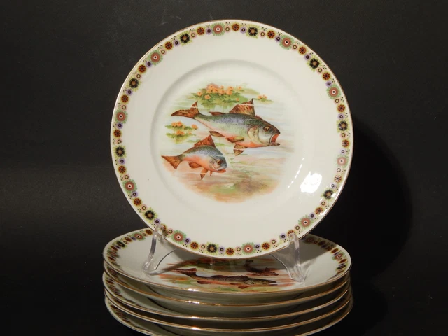 Service De 6 Assiettes Mondial – Porcelaine Dorée Motif Poissons – Décoratives