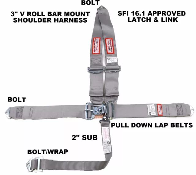 Racing Harness Sfi 16.1  5 Pt V Roll Bar Mount 3" Latch & Link Gray Usa Made