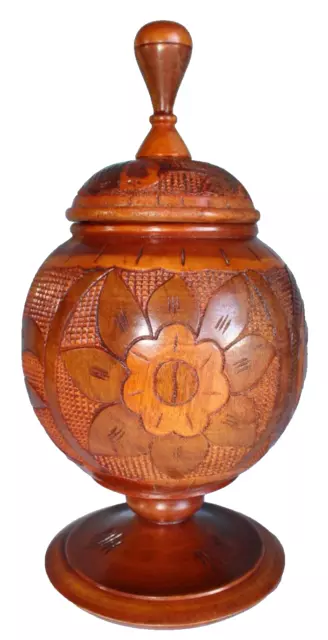 Vintage Hand Turned Carved Solid Wood Pedestal Vase With Lid 14" Tall