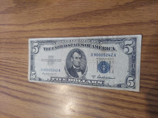 Five Dollar Silver Certificate, 1953 Series. Sr #D90005242A, Blue Seal 3