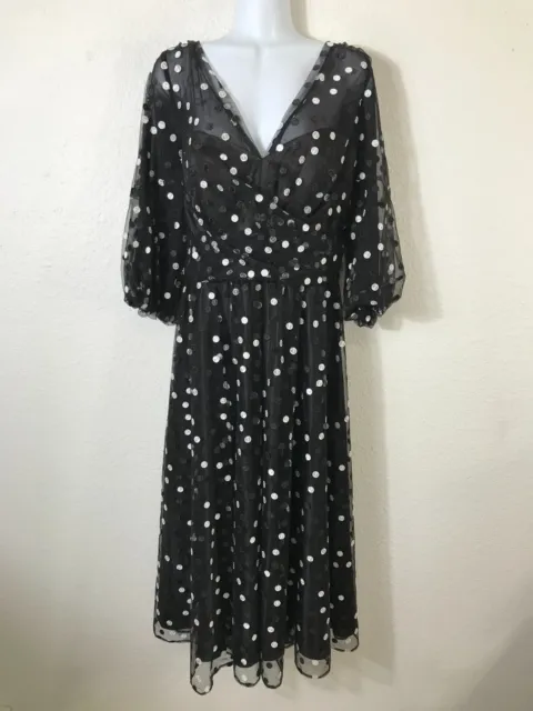 Carmen Marc Valvo Infusion Dress Womens 16 Black Embroidered Polka Dot 3/4 Sleev