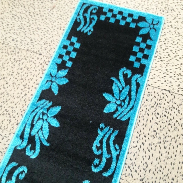 TAPPETO RUNNER MODERNO DI QUALITÀ 60x320cm (2'x7'2") LEAVE/FIORE BLU/NERO IN VENDITA