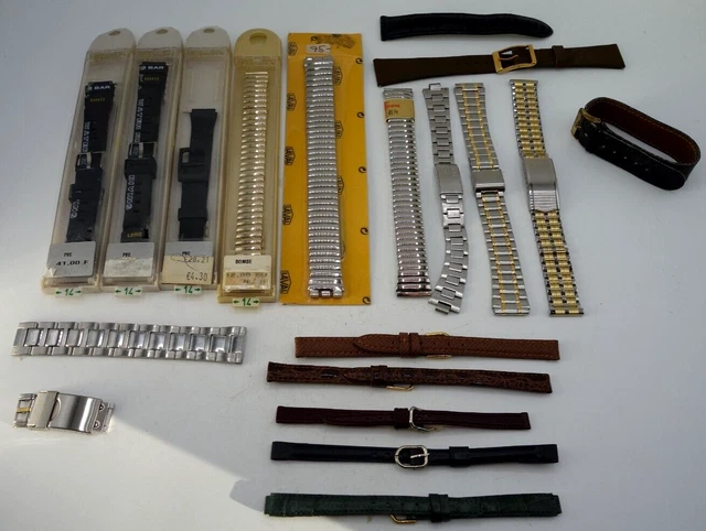 Lot De 16 Bracelets à Pompes De Montre Vintage - Cuir Et Métal - Marques Fleurus Et Autres - Occasion