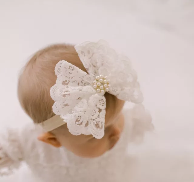 Baby Christening Headband Flower Girl Bow Headband Boho White Lace Headband