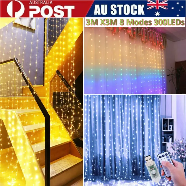 USB 300 LED Curtain Fairy Lights In/Outdoor Wedding Garden Christmas Party Decor