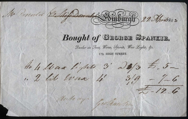 1823 EDINBURGH - GEORGE SPANKIE Wine,Spirits,Tea Dealers, Wax Lights 179 High st
