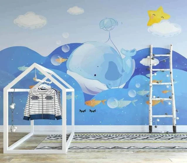 Autocollant Mural 3D Baleine Et Calmar – Carte Du Monde Style Papier Peint, Déco Amy