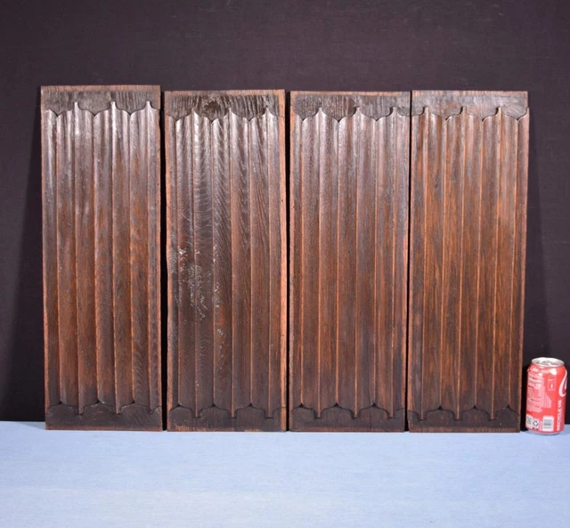 *Antique French Gothic Revival Panels in Oak Wood Salvage w/Linen Fold Carvings