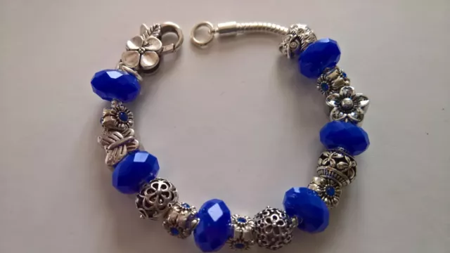 Bracciale handmade in stile pandor perle foro largo in vetro blu elettrico