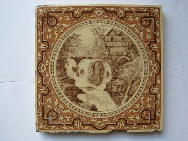 ANTIQUE VICTORIAN MINTONS L.T. SWETNAM LANDSCAPE TILE  - WATERFALL & MILL c1890