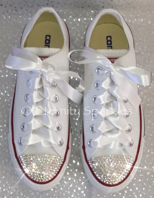 Customised White Crystal Bling Sparkle Luxury Converse All Star Lo Ribbon Laces