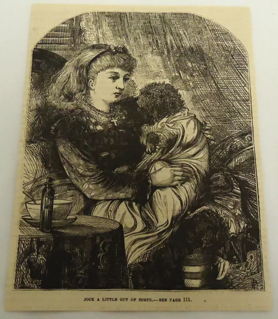 1878 magazine engraving ~ LITTLE GIRL PLAYS DRESS UP WITH SKYE TERRIER