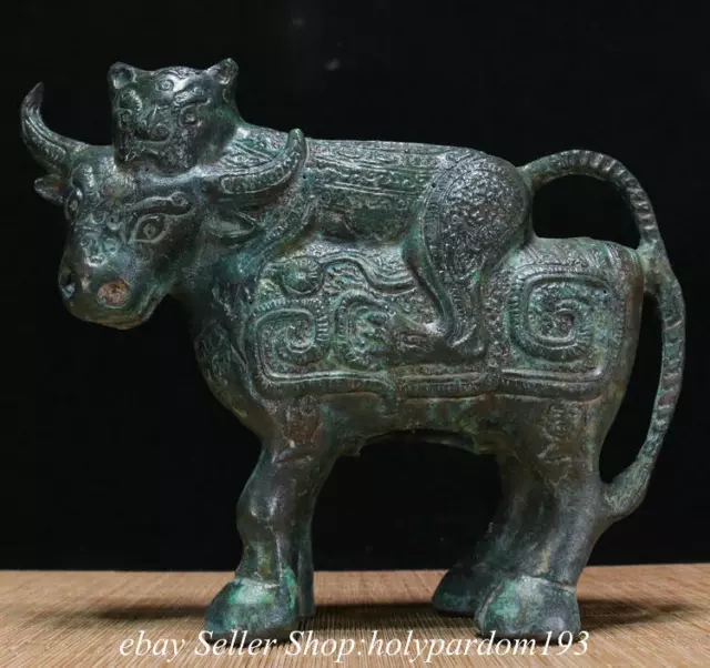 10" Ancient Chinese Bronze Ware Shang Dynasty Cattle Beast Statue Sculpture