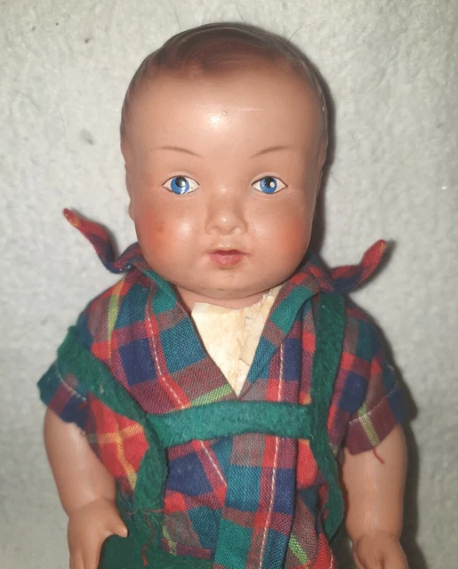 poupée ancienne : superbe BAIGNEUR CELLULOID CONVERT AVEC TENUE D'ORIGINE